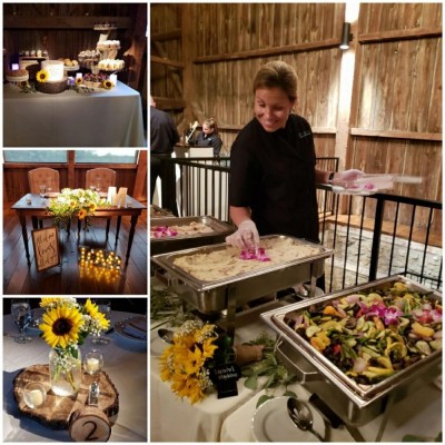 Photo collage of flowers, food, buffet, decor