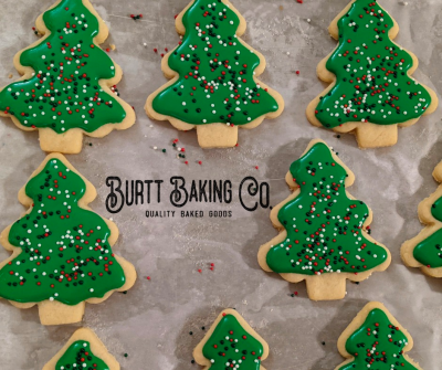Burtt Baking Co. logo on tray of fresh baked cookies